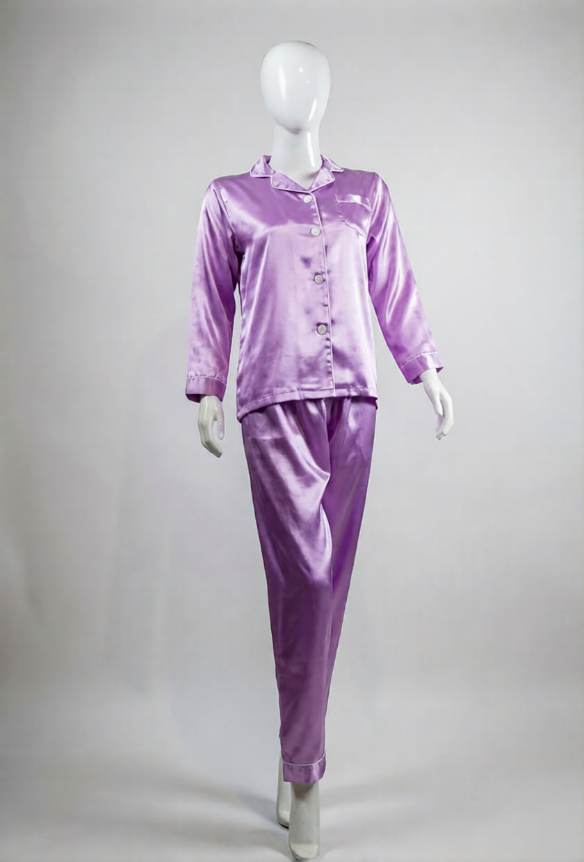 Purple Satin Button-Down Night Suit