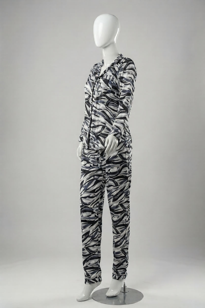 White Marble Printed Silk Night Suit