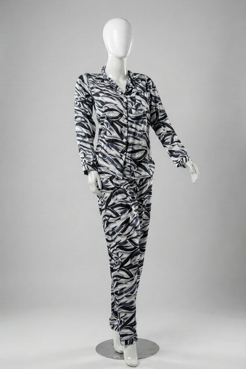 White Marble Printed Silk Night Suit