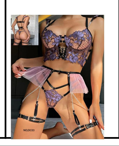 Lavender Floral Embroidered Corset & Tulle Garter Set