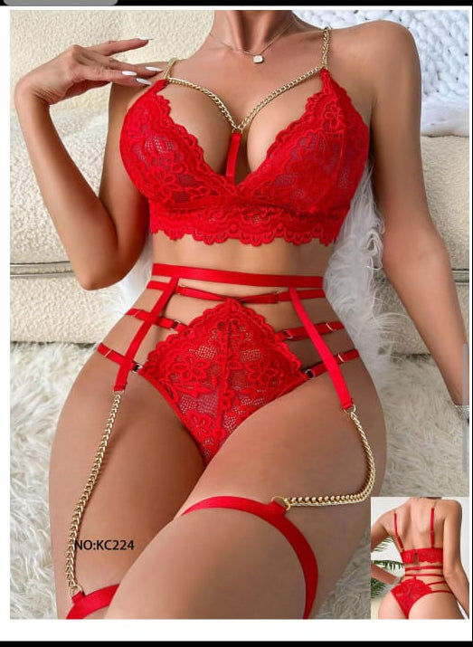 Ruby Lace 3-Piece Garter Set with Gold-Chain Accents