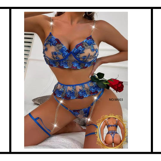Royal Blue Rose Embroidery Lingerie Set with Chain Detail