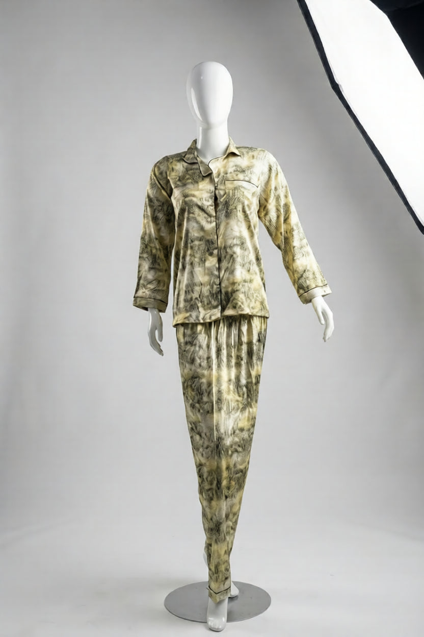 Golden Marble Abstract Printed Silk Night Suit