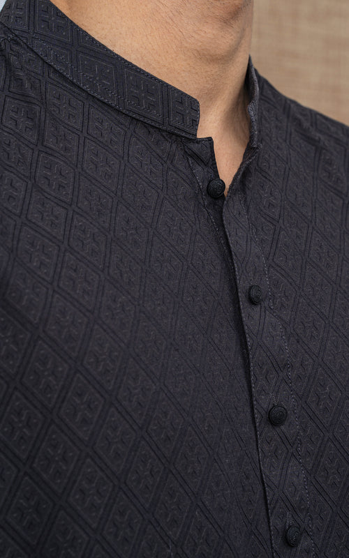 YARN DYED JACQUARD KURTA PAJAMA - SIGNATURE COLLECTION DARK GREY