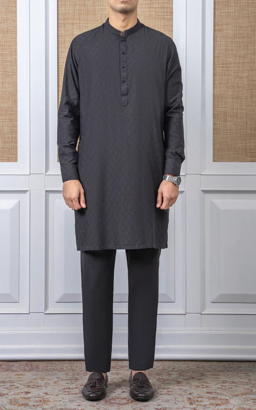 YARN DYED JACQUARD KURTA PAJAMA - SIGNATURE COLLECTION DARK GREY