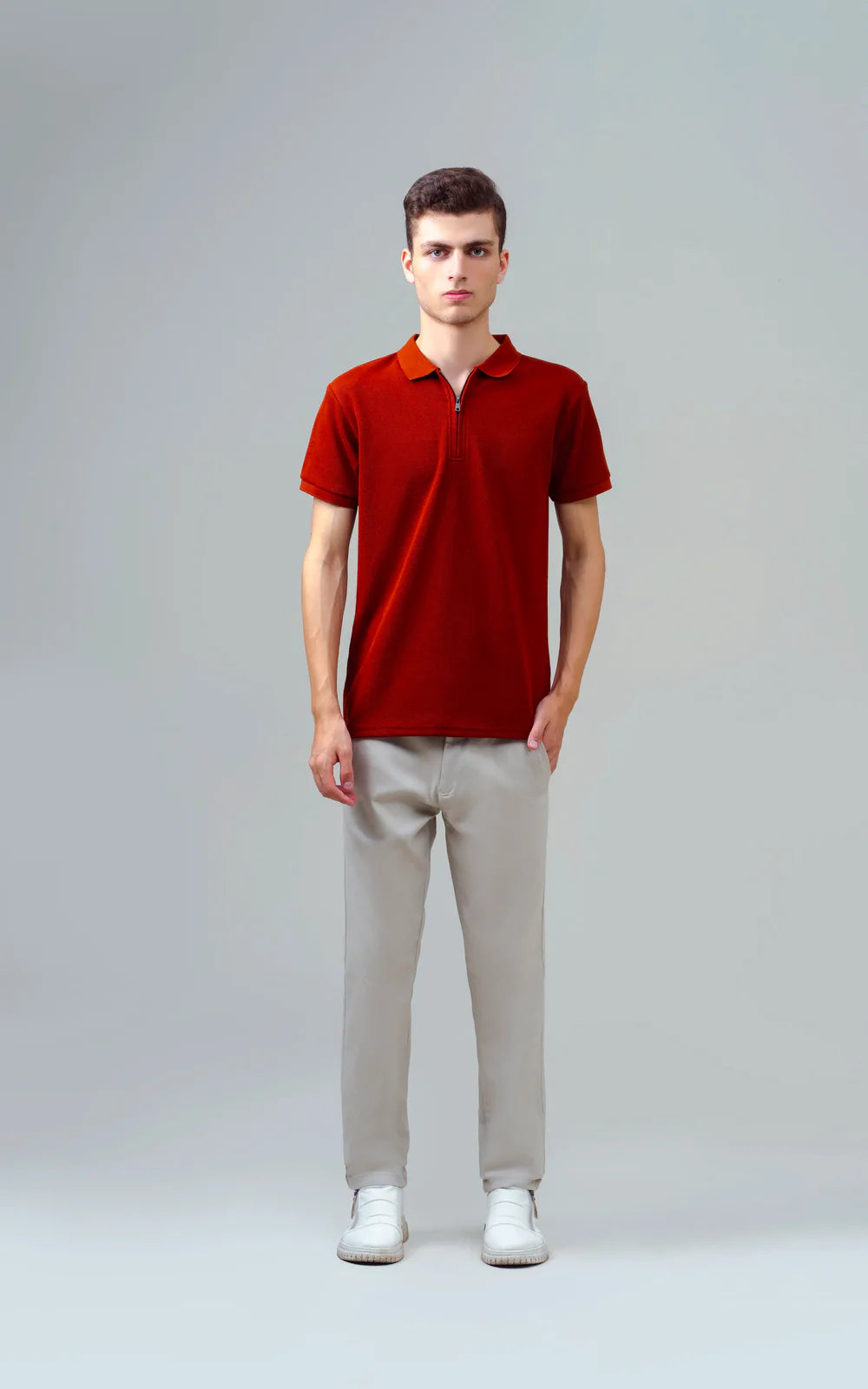 TEXTURED ZIPPER POLO RUST