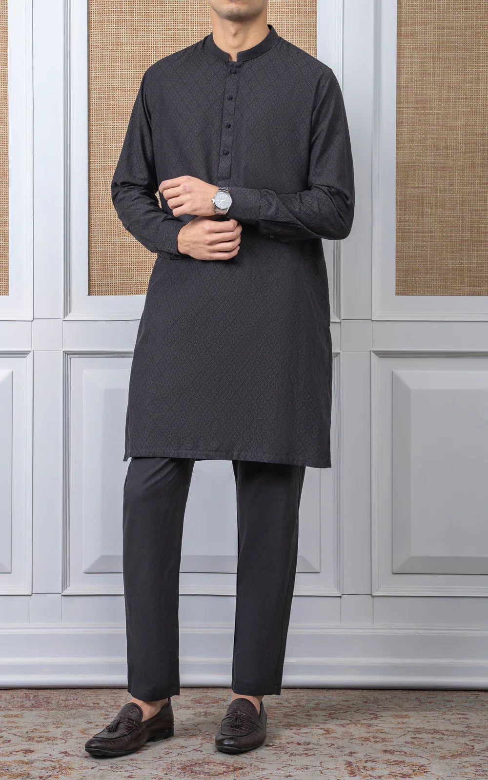 YARN DYED JACQUARD KURTA PAJAMA - SIGNATURE COLLECTION DARK GREY